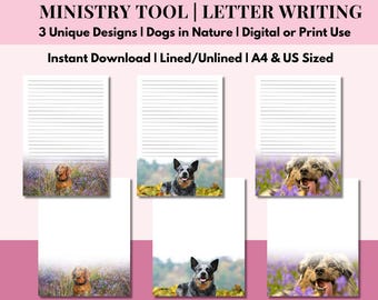 Set di lettere stampabili JW con tema cane e natura / Pagine per la scrittura ministeriale / Formato A4 US Letter / Righe e non righe
