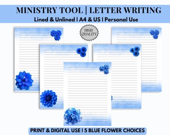 Sjabloon brief schrijven JW-ministerie afdrukbaar | Blauw briefpapier met bloemen | A4 US-brief | Gelinieerd en ongevoerd papier | Digitale download