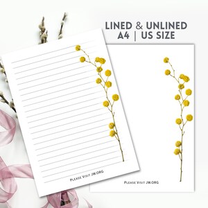 Może przedstawiać: Dwa białe arkusze papieru, jeden w linie i jeden bez linii, z żółtymi kwiatowymi akcentami. Tekst "LINED & UNLINED A4 | US SIZE" znajduje się na górze. Tekst "PLEASE VISIT JW.ORG" znajduje się na dole.
