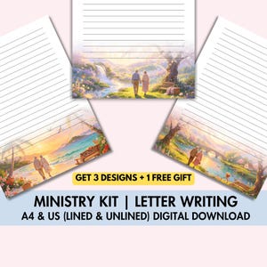 Może przedstawiać: Zestaw papieru do pisania listów w linie i bez linii z ilustracjami krajobrazów. Papier zawiera obrazy par w naturze. Tekst brzmi "GET 3 DESIGNS + 1 FREE GIFT" i "MINISTRY KIT | LETTER WRITING A4 & US (LINED & UNLINED) DIGITAL DOWNLOAD."