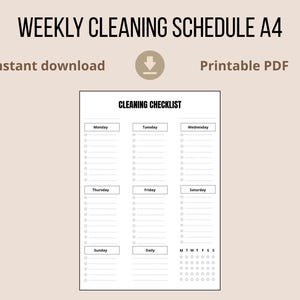 Peut inclure: Une liste de contrôle de nettoyage imprimable en noir et blanc avec le texte "WEEKLY CLEANING SCHEDULE A4". La liste comprend des sections pour chaque jour de la semaine, avec des cases à cocher. Les mots "Téléchargement instantané" et "PDF imprimable" sont également visibles.