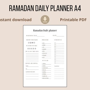 May include: A printable A4 Ramadan Daily Planner with sections for mood tracking, water intake, prayers, and Quran reading. The planner includes the text "Ramadan Daily Planner A4", "Instant download", and "Printable PDF".