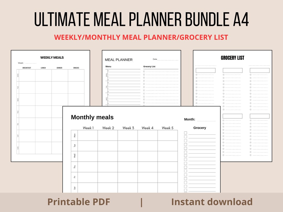 A4 Ultimate Meal Planner Bundle Printable, Meals Planner, Weekly and ...