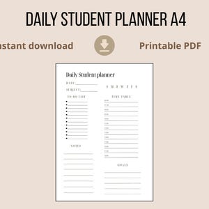 Peut inclure: Un planificateur quotidien pour étudiants au format A4, disponible en PDF imprimable. Il comprend des sections pour la date, le sujet, la liste des tâches, l'emploi du temps, les notes et les objectifs. Design minimaliste, texte noir sur fond blanc.