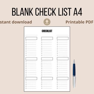 Peut inclure: Une liste de contrôle A4 vierge avec le titre "CHECKLIST" en haut. La liste de contrôle comporte trois colonnes avec plusieurs rangées de cercles vides pour les cases à cocher. Un stylo bleu et argenté repose sur le côté droit de la page. Le texte "BLANK CHECK LIST A4" est en haut.