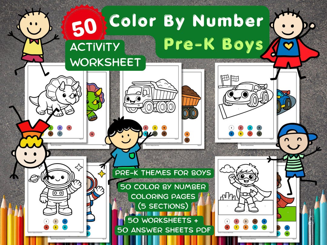 Color by Number for Kids, Boys Coloring Pages, Printable Activity