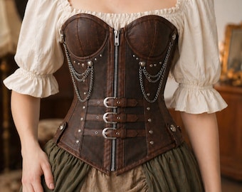 Handgefertigtes braunes Überbrust-Korsett aus echtem Leder, Gothic Bustier Top, Taillen-Trainer