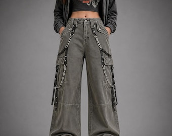 Y2K Cargo-jeans met wijde pijpen dames, grunge-broek, wijde streetwear-broek, festivaloutfit
