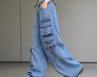 Handgjorda Baggy Cargobyxor Y2K Dam Multi Pocket Vida Ben Denim Blå Byxor