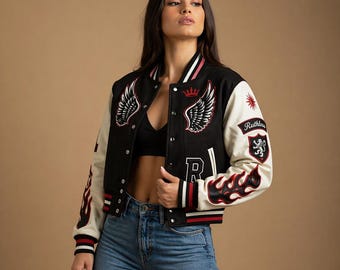 Handgemaakt wollen varsityjack dames, Letterman-jack, streetwear-bommenwerper