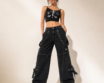 Handmade Gothic Techwear baggy Pants Black Straps Buckles Unisex Streetwear
