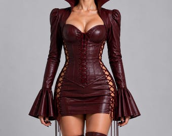 Handmade Women Leather Gothic Mini Dress | Halloween Costume Cosplay Outfit