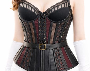Handgemaakt gothic corset zwart bordeauxrood kunstleer, kanten taille cincher top