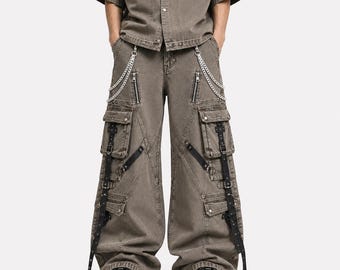 Handmade Wide Leg Cargo Pants Chain Buckle Strap Multi Pocket Grunge Streetwear