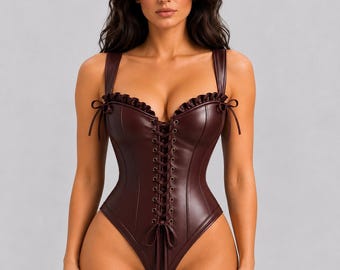 Gothic Bodysuit Women Halloween Costume | Handmade Leather Lace-Up Bustier