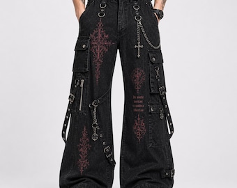 Gothic Cotton Techwear Cargo Pants Wide Leg with Chains Buckles, Handmade