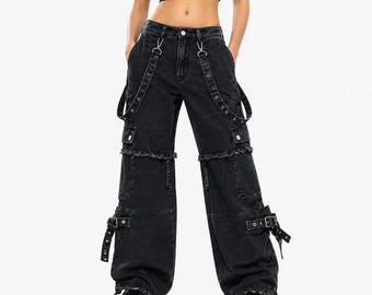 Handgemaakte gotische zwarte cargobroek met wijde pijpen in Techwear Streetwear-stijl