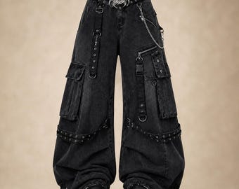Handgemaakte zwarte gotische wijde broek Techwear Cargo Streetwear Unisex