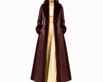 Women Leather Long Coat Burgundy | Faux Fur Trench Luxury Winter Outerwear