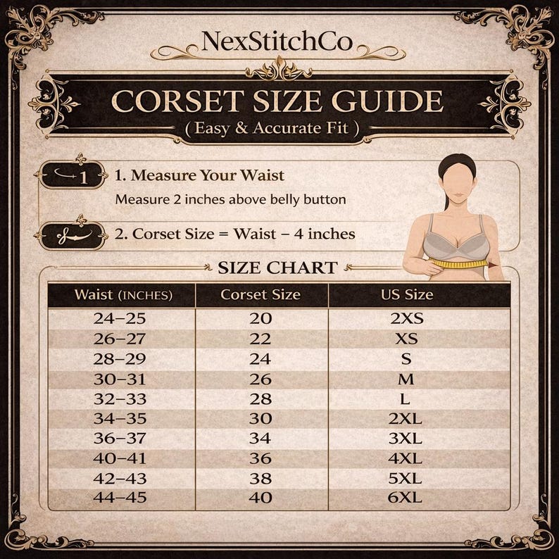 May include: A corset size guide from NexStitchCo. The guide includes instructions on how to measure the waist and determine the corset size. A size chart shows waist measurements in inches, corset sizes, and US sizes, ranging from 2XS to 6XL.