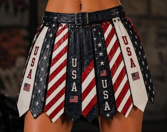 Handgemaakte leren minirok voor dames | Stijl met Amerikaanse vlag | Outfit voor een rodeofestival