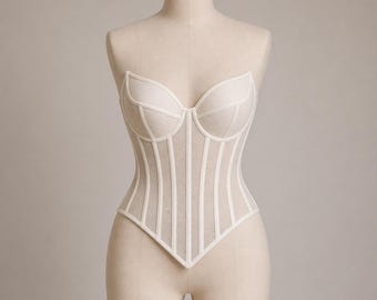 Handgemaakte marineblauwe korsetbustier met mesh, top met structuur, doorschijnende lingerie