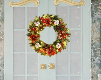 40CM Light-Up Christmas Hanging Garland with Pine Cones, Berries & Spruce  PVC Holiday Decoration for Door, Wall or Window Decor, Christmas