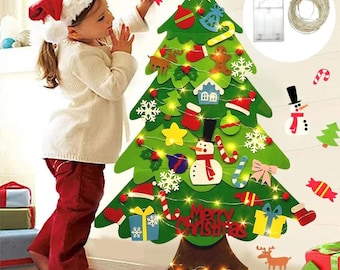 DIY Felt Christmas Tree for Toddlers, Montessori Xmas Tree with String Lights, Kids Educational Toy, Home Decor Supplies, Christmas decor