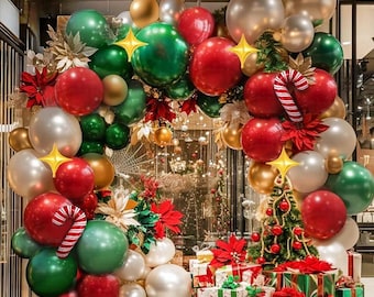 113pcs Christmas Balloon Arch Kit, Red Green Candy Cane Party Balloons, Holiday Balloon Garland Decorations for Indoor Christmas Party Décor