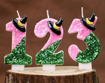 Witch Theme Candle Pink and Green Party Number Birthday Candle Decorations Cake Topper Candle for Themed Party, Halloween, Gift for her