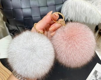 9cm Fluffy Faux Fur Pom Pom Keychain Leather Strap Bag Charm Cute Key Ring Pendant