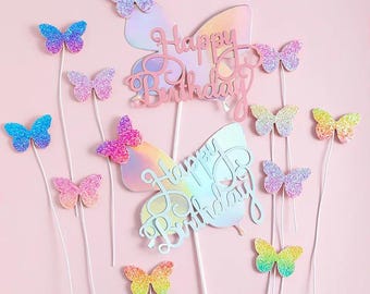 Butterfly Cake Decoration Rainbow Butterfly Happy Birthday Cake Toppers Baby Shower Party Dessert Table Decoration, Birthday decorations
