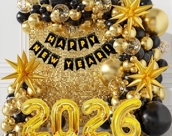 121PCS New Year Balloon Arch Kit 2025, Black Gold Balloons & Banner, New Year’s Eve Party Decorations, Balloon Garland for Home Event Decor