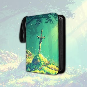 May include: A black zippered case featuring a pixelated image of a sword in a stone set in a green forest. The case has a black handle and a black zipper. The artwork is in shades of green, yellow, and brown.