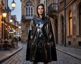High Shine PVC Vinyl Hooded Cloak - Vibrant Purple Gothic Rain Cape - Alternative Techwear Festival Poncho - Waterproof Glossy Coat
