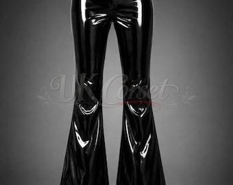 Shiny PVC Vinyl Pants Flared Bell Bottom High Waist Custom Two Tone Clubwear Rave Festival Outfit Hand Made Pants Gothic Black Neon Green