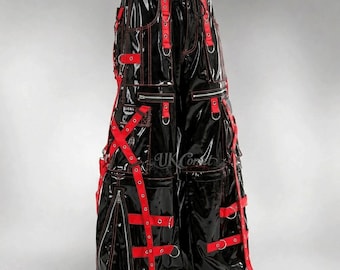 Cyberpunk PVC Wide Leg Pants, Gothic Strap Cargo Trousers, Rave Festival Wear