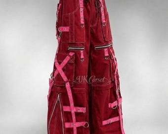 Convertible Goth Cargo Pants to Shorts - Unisex Bondage Steampunk Trousers - Punk Rave Wear with Contrast - Alternative Baggy Cargoes