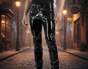 Premium-Herren Slim-Fit-PVC-Hose - Hochglänzende Vegane Lederhose in 8 lebendigen Farben - Biker, Gothic, & Clubwear Styling