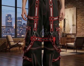 Spodnie cargo Cyberpunk Techwear – męskie spodnie gotyckie industrialne z wieloma paskami – Darkwear Harajuku Streetwear – spodnie z odblaskowymi czerwonymi przeszyciami