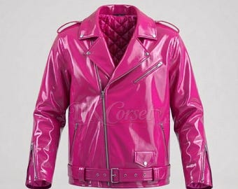 Hot Pink PVC Vinyl Biker Jacket - High Shine Patent Leather Moto Coat - Cyberpunk Techwear Cropped Jacket - Glossy Goth Festival Wear