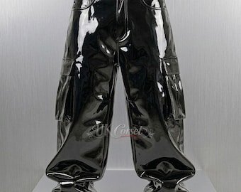High Gloss PVC Cargo Pants, Cyberpunk Techwear Trousers, Wide Leg Goth Streetwear
