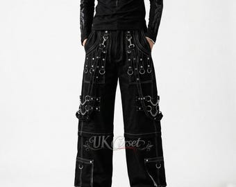 Techwear Cargo Pants with Straps, Gothic Black Wide Leg Pants, Industrial Streetwear Trousers, Custom Strap & Stitch Color, Unisex