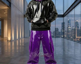 High-Gloss PVC Cargo Trousers & Hoodie Set - Cyberpunk Streetwear - Custom Color Options - Unisex Industrial Gothic Rave Outfit
