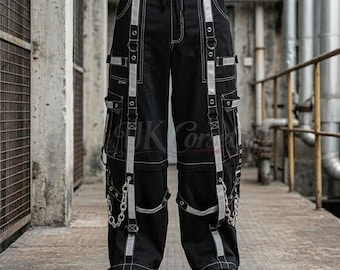 Silver Reflective Techwear Cargo Pants - Mens Industrial Gothic Multi-Strap Trousers - Cyberpunk Darkwear Streetwear - White Stitching Pant