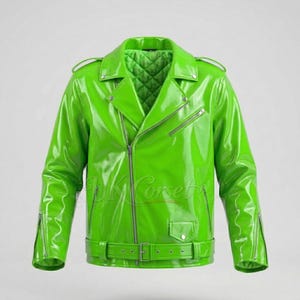 May include: A vibrant green leather jacket in a biker style. It has a notched collar, an asymmetrical zip, zipped cuffs, and a belted waist. The interior lining is quilted. The jacket is a bold fashion statement.