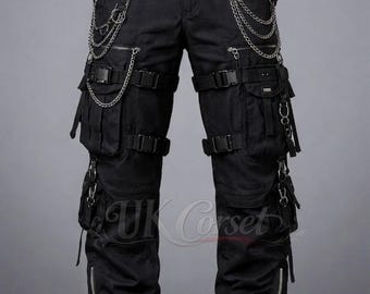 Pantalon cargo Cyberpunk Techwear triple noir - Streetwear tactique multi-poches avec sangles à boucle, chaînes et détails utilitaires industriels