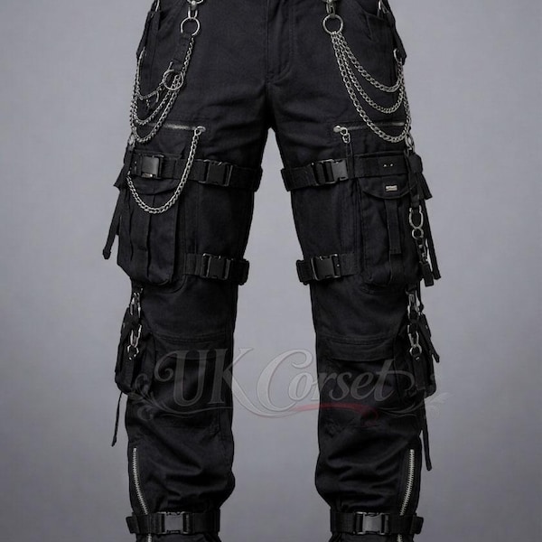 Triple Black Cyberpunk Techwear Cargo Pants – Multi-Pocket Tactical Streetwear with Buckle Straps, Chains, and Industrial Utility Accents