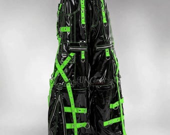 PVC Cyberpunk Pants, Wide Leg Gothic Strap Pants, Unisex Rave Festival Wear, Techwear Cargo Trousers, Alternative Streetwear