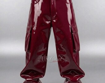 High Gloss PVC Cargo Pants, Cyberpunk Techwear Trousers, Wide Leg Goth Streetwear